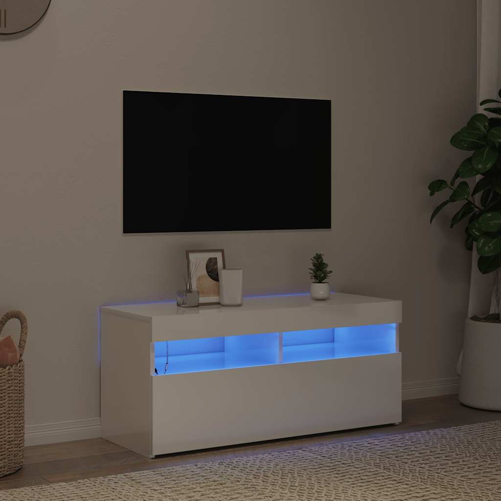Meuble TV avec lumières LED blanc brillant 90x35x40 cm - XIOS