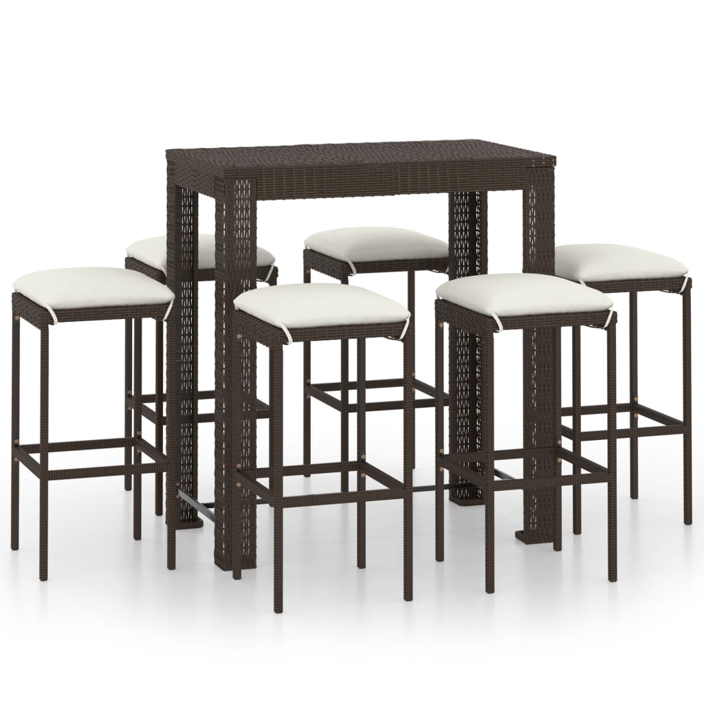 Ensemble de bar de jardin 7 pcs coussins Résine tressée Marron
