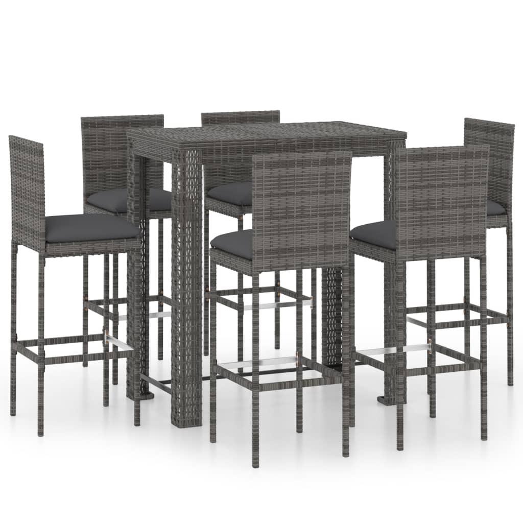 Ensemble de bar d'extérieur 7 pcs coussins Résine tressée Gris