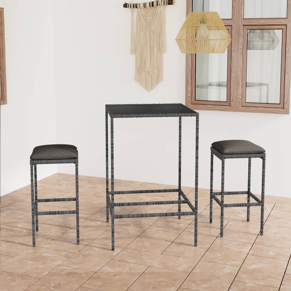 Ensemble de bar de jardin 3 pcs et coussins Résine tressée Gris