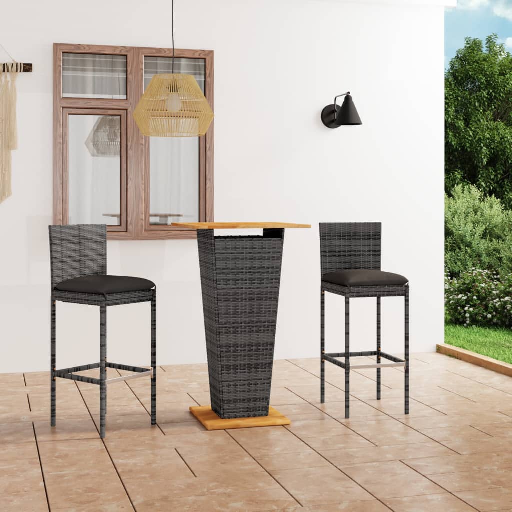 Ensemble de bar de jardin 3 pcs et coussins Résine tressée Gris