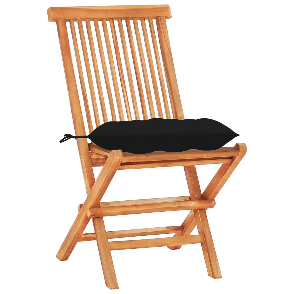 Ensemble de bistro 3 pcs avec coussins noir Bois de teck massif