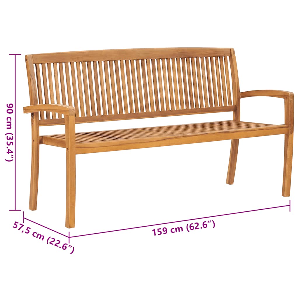Banc de jardin empilable et coussin 159 cm Bois de teck massif Bancs de jardin vidaXL