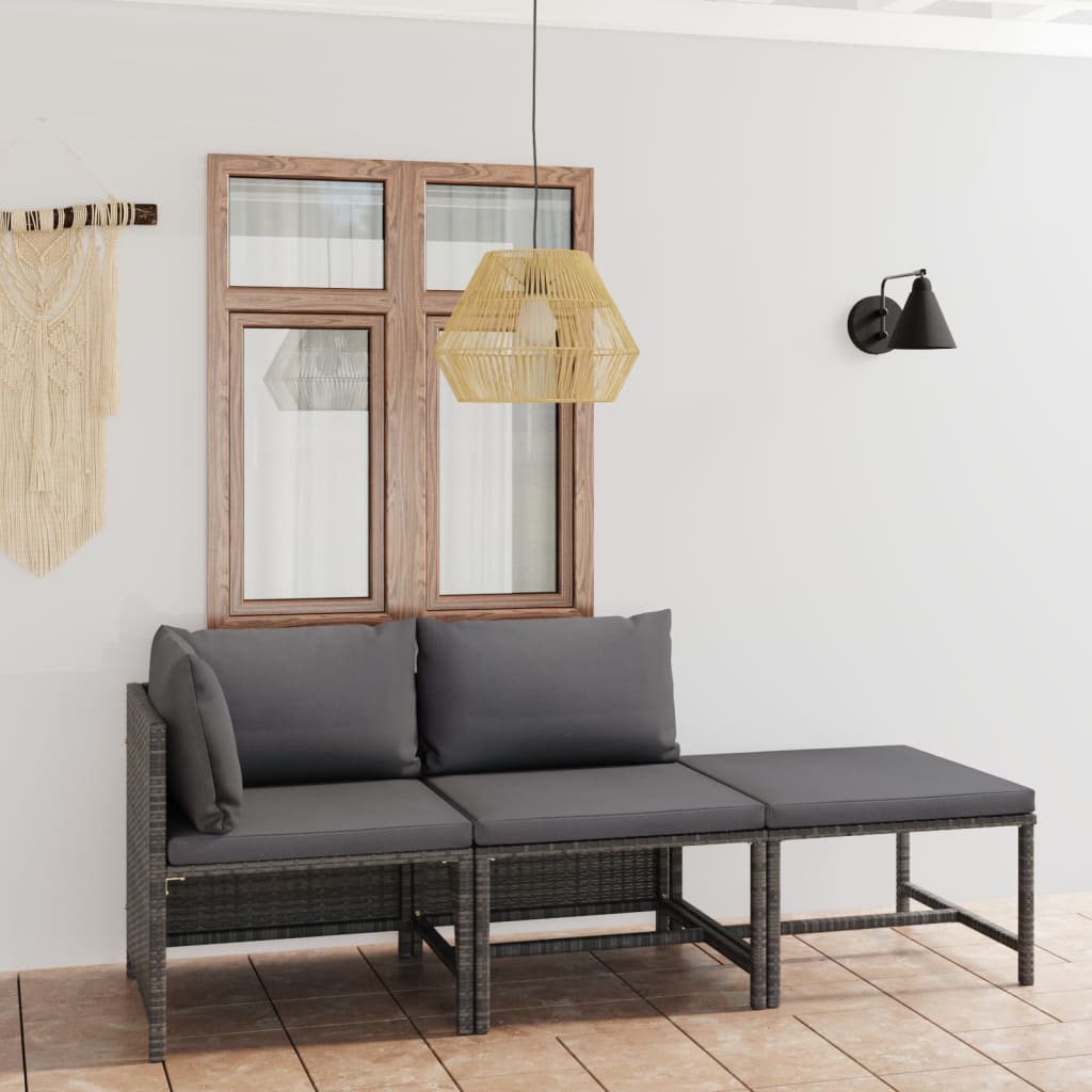 Salon de jardin 3 pcs avec coussins Résine tressée Gris