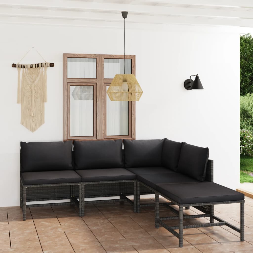 Salon de jardin 5 pcs avec coussins Résine tressée Gris