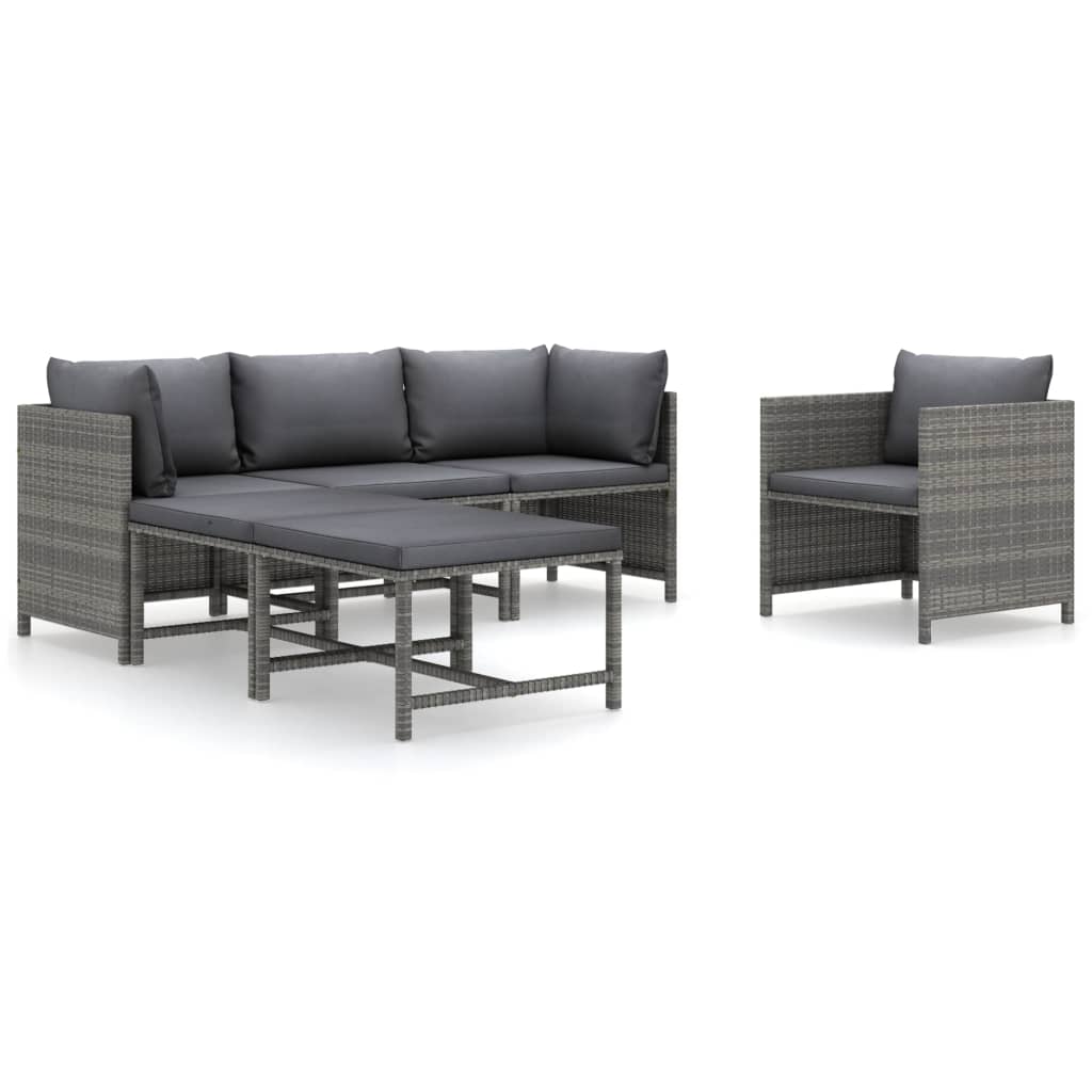 Salon de jardin 6 pcs avec coussins Résine tressée Gris