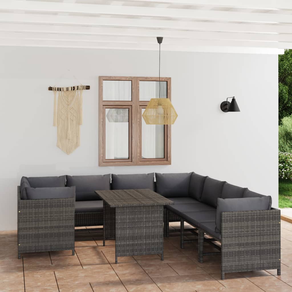 Salon de jardin 9 pcs avec coussins Résine tressée Gris
