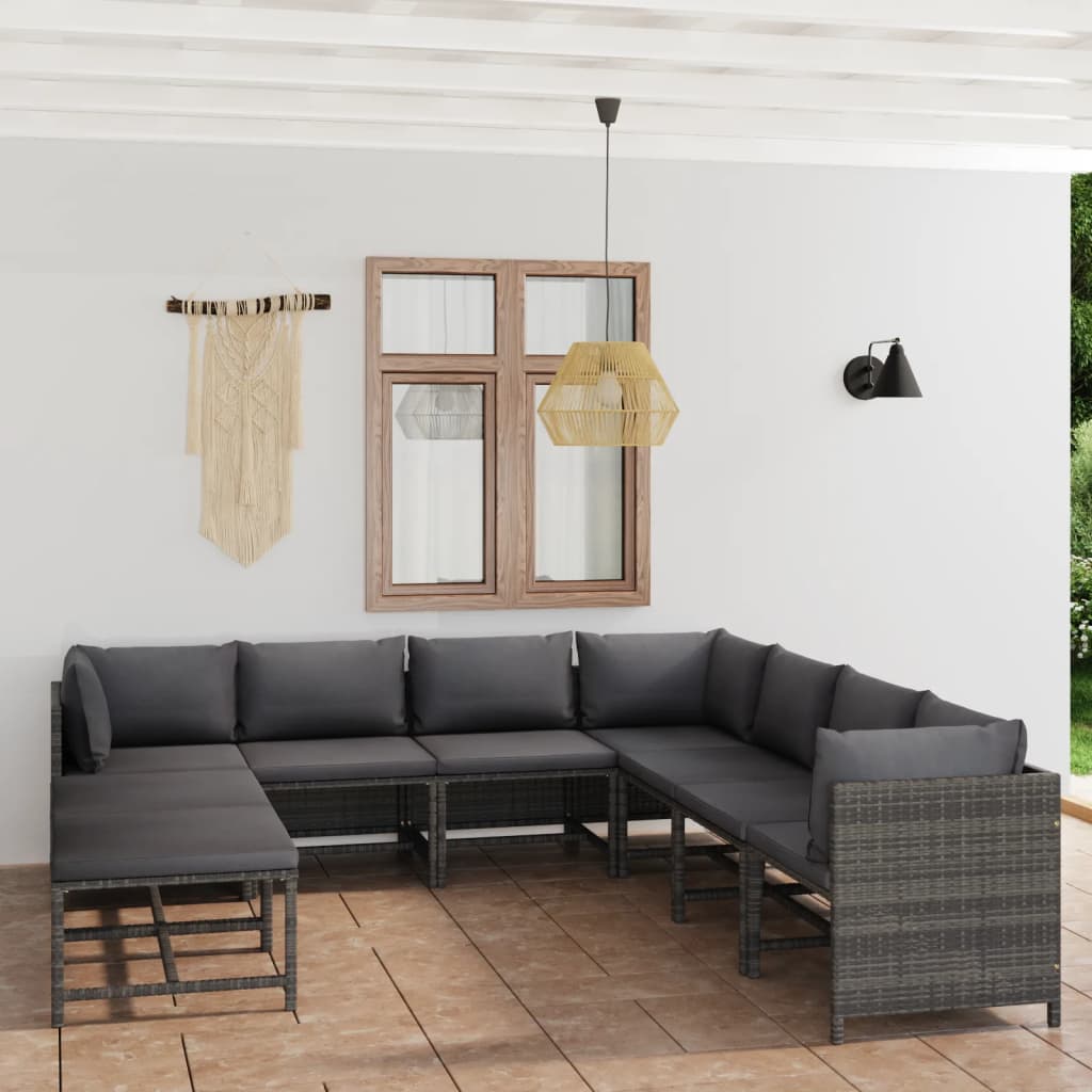 Salon de jardin 9 pcs avec coussins Résine tressée Gris