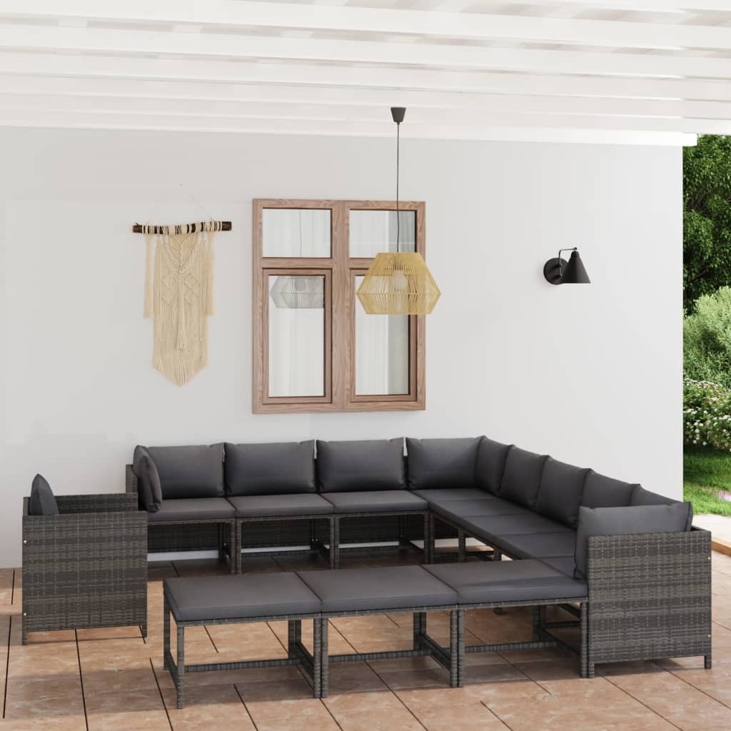 Salon de jardin 12 pcs avec coussins Résine tressée Gris