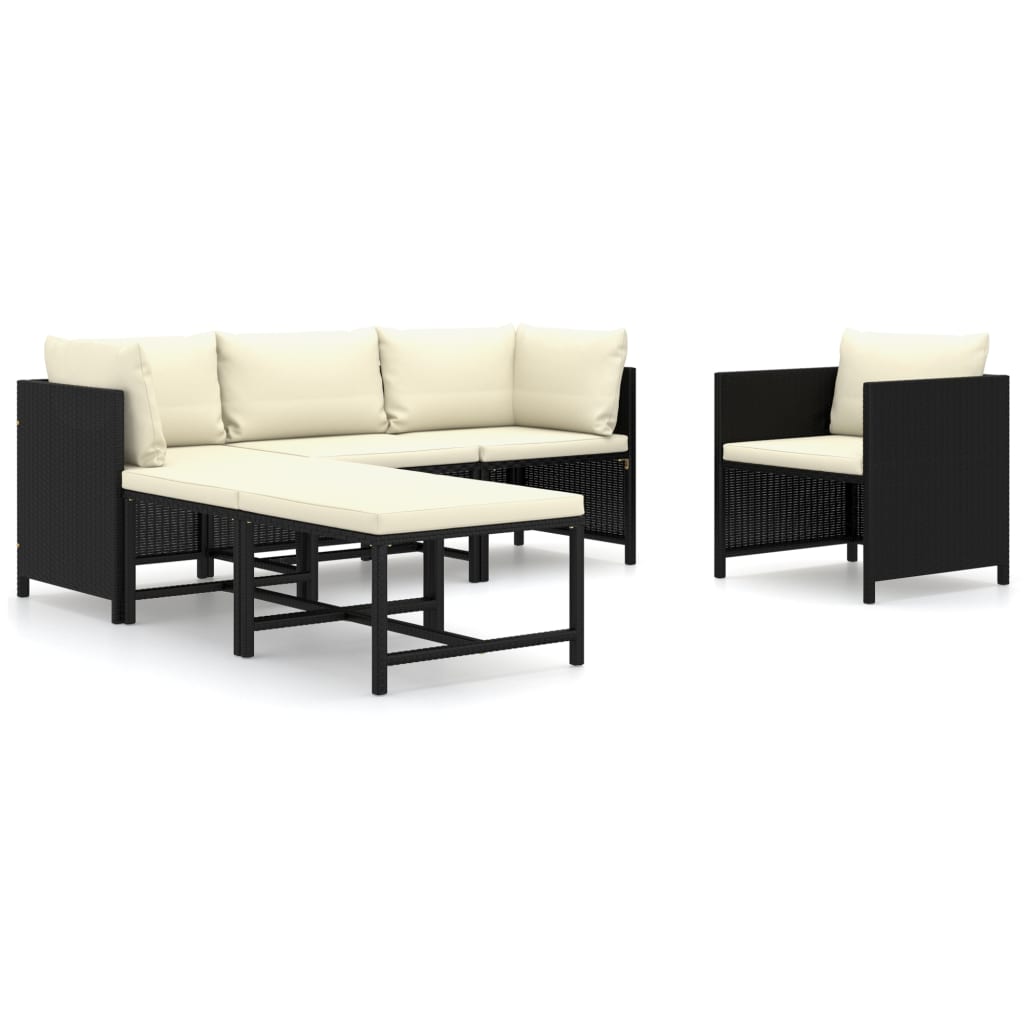 Salon de jardin 6 pcs avec coussins Résine tressée Noir