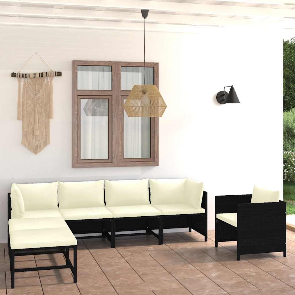 Salon de jardin 7 pcs avec coussins Résine tressée Noir