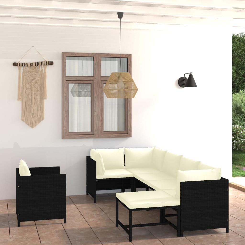 Salon de jardin 7 pcs avec coussins Résine tressée Noir