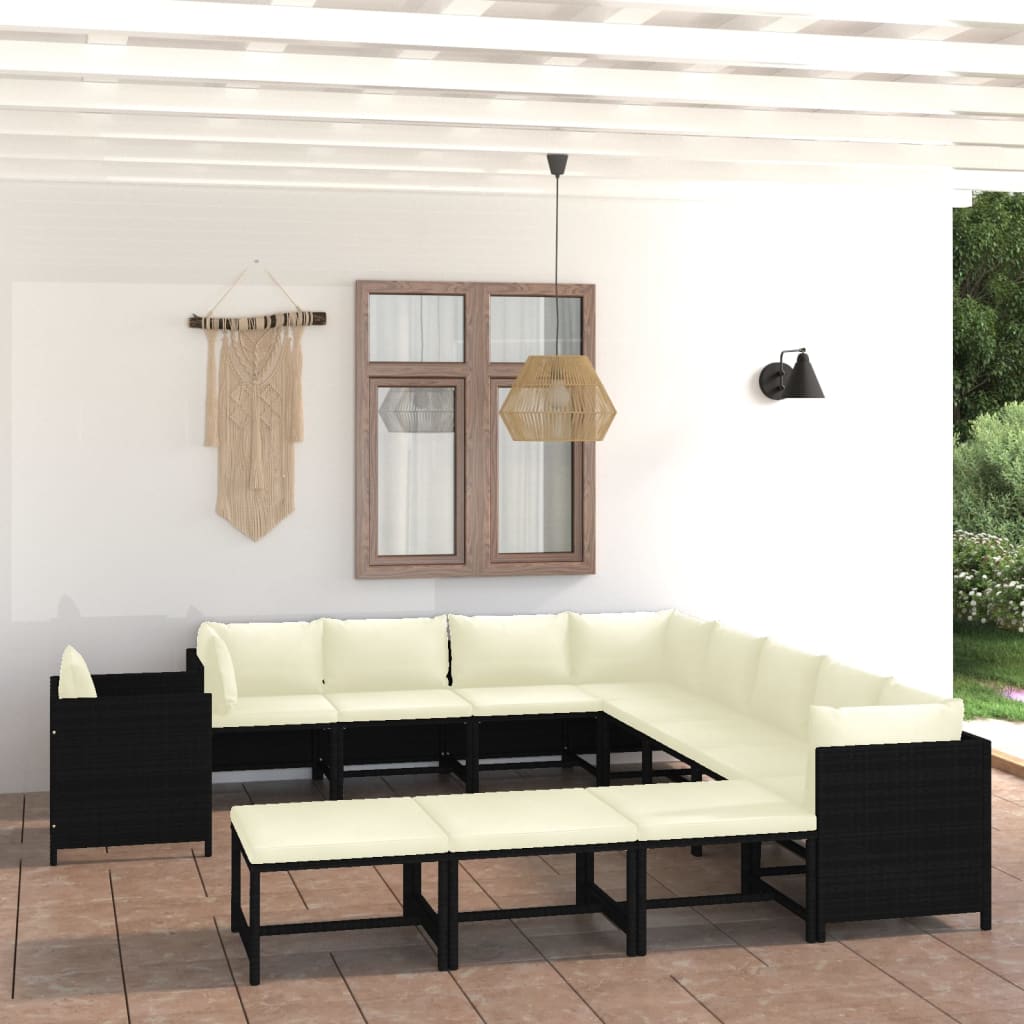 Salon de jardin 12 pcs avec coussins Résine tressée Noir