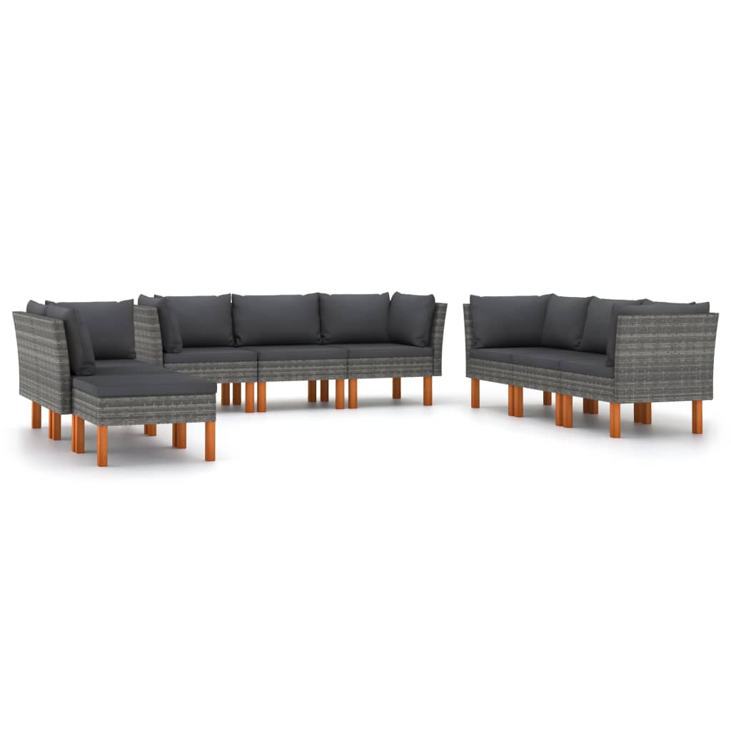 Salon de jardin 9 pcs avec coussins Résine tressée Gris