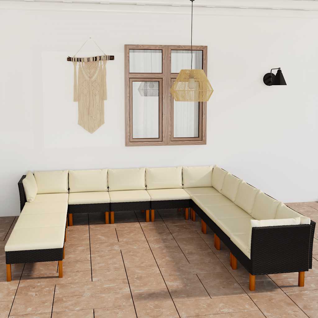 Salon de jardin 12 pcs avec coussins Résine tressée Noir