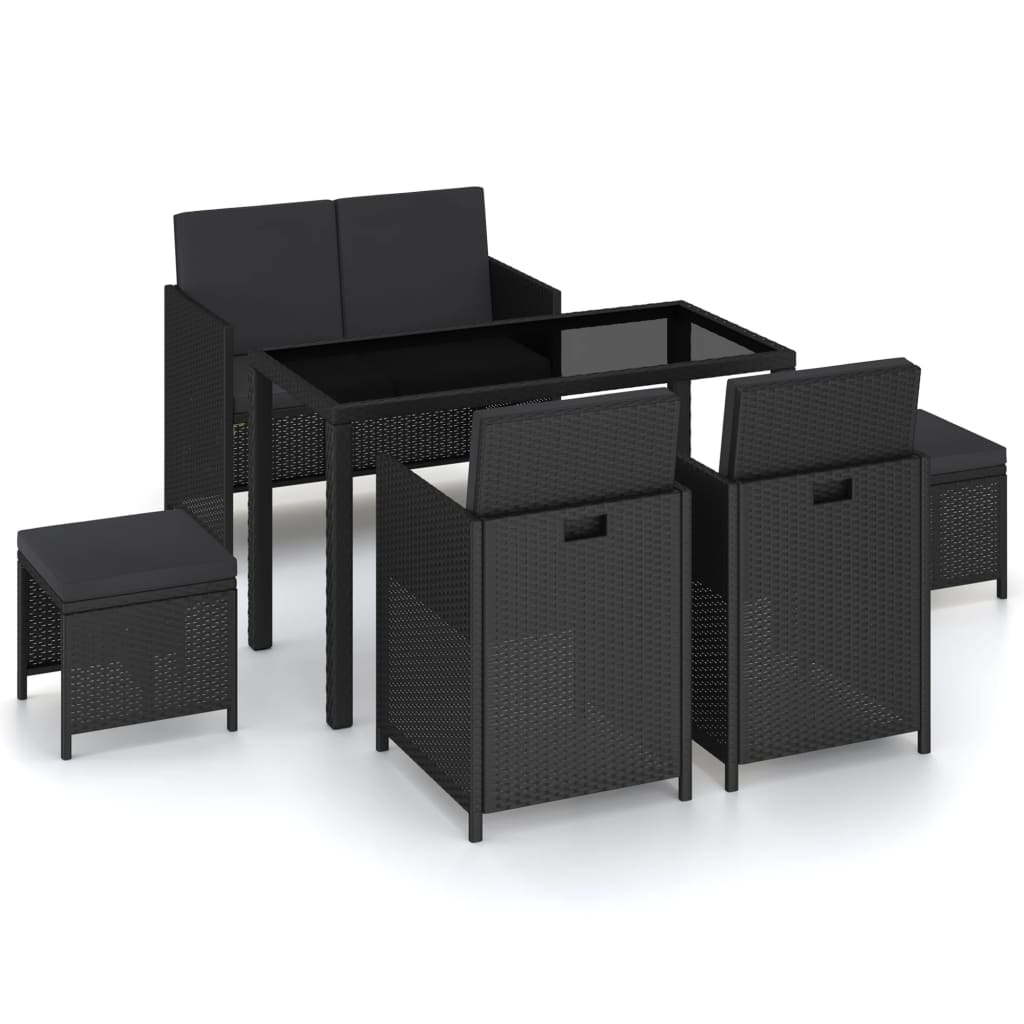 Mobilier à dîner de jardin 6pcs et coussins Résine tressée Noir