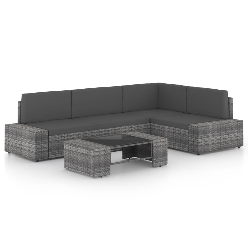 Salon de jardin 5 pcs avec coussins Gris Résine tressée