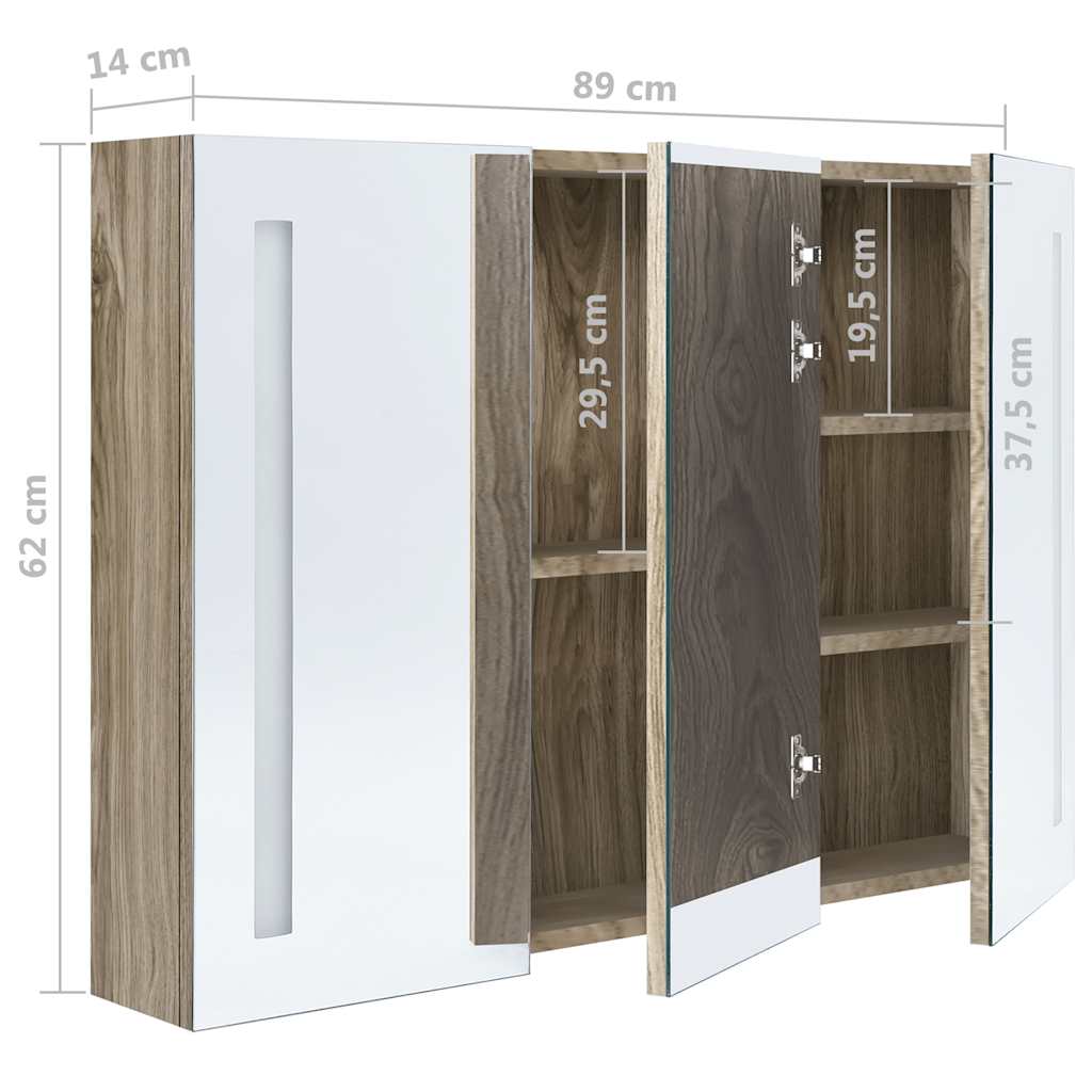 Armoire de salle de bain à miroir LED 89x14x62 cm chêne - XIOS