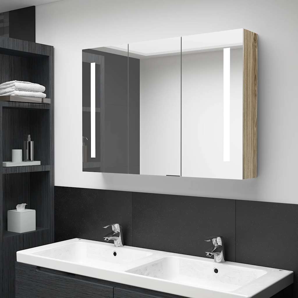 Armoire de salle de bain à miroir LED 89x14x62 cm chêne - XIOS