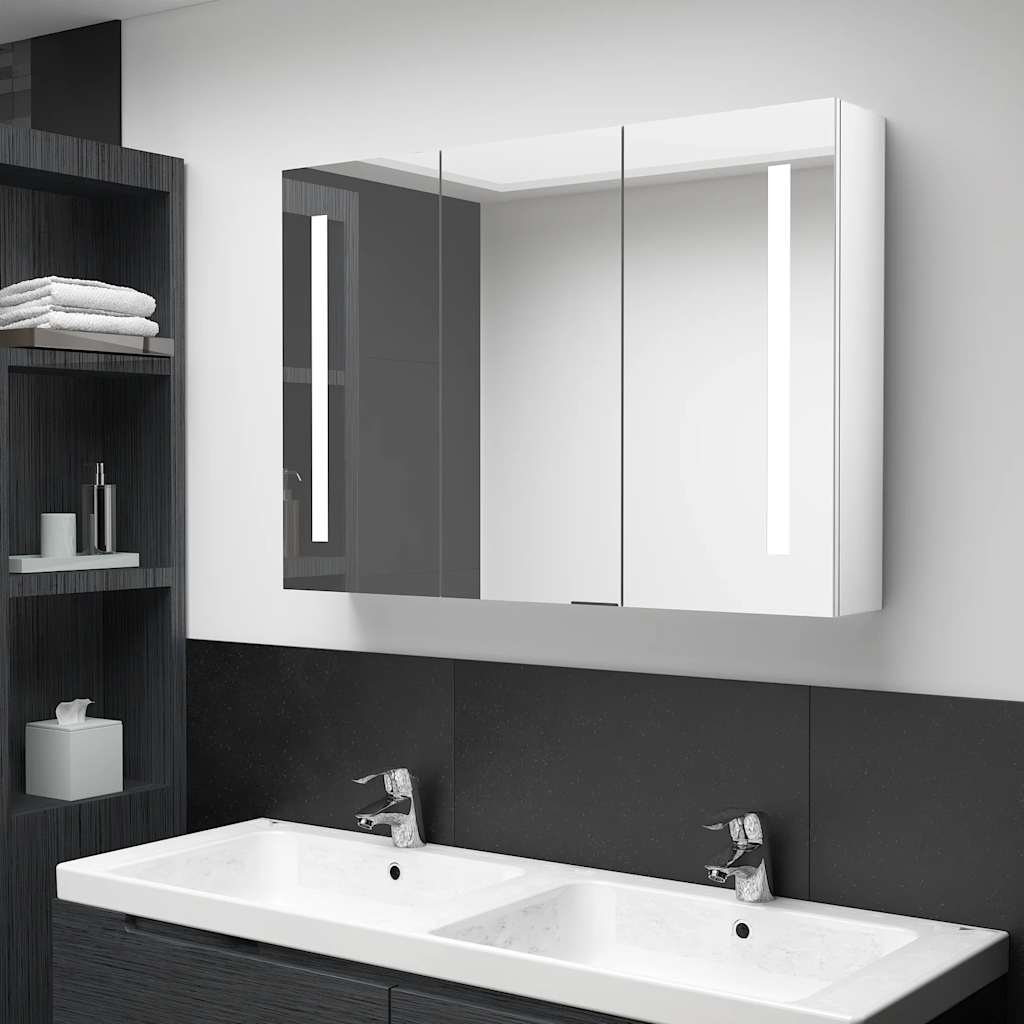 Armoire de salle de bain à miroir LED 89x14x62cm Blanc brillant - XIOS