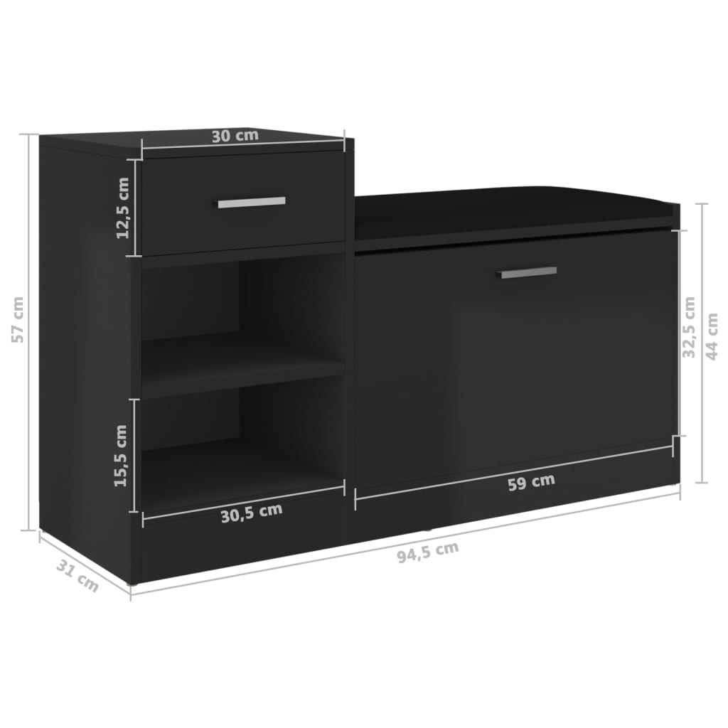 Banc à chaussures Noir brillant 94,5x31x57 cm Aggloméré - XIOS