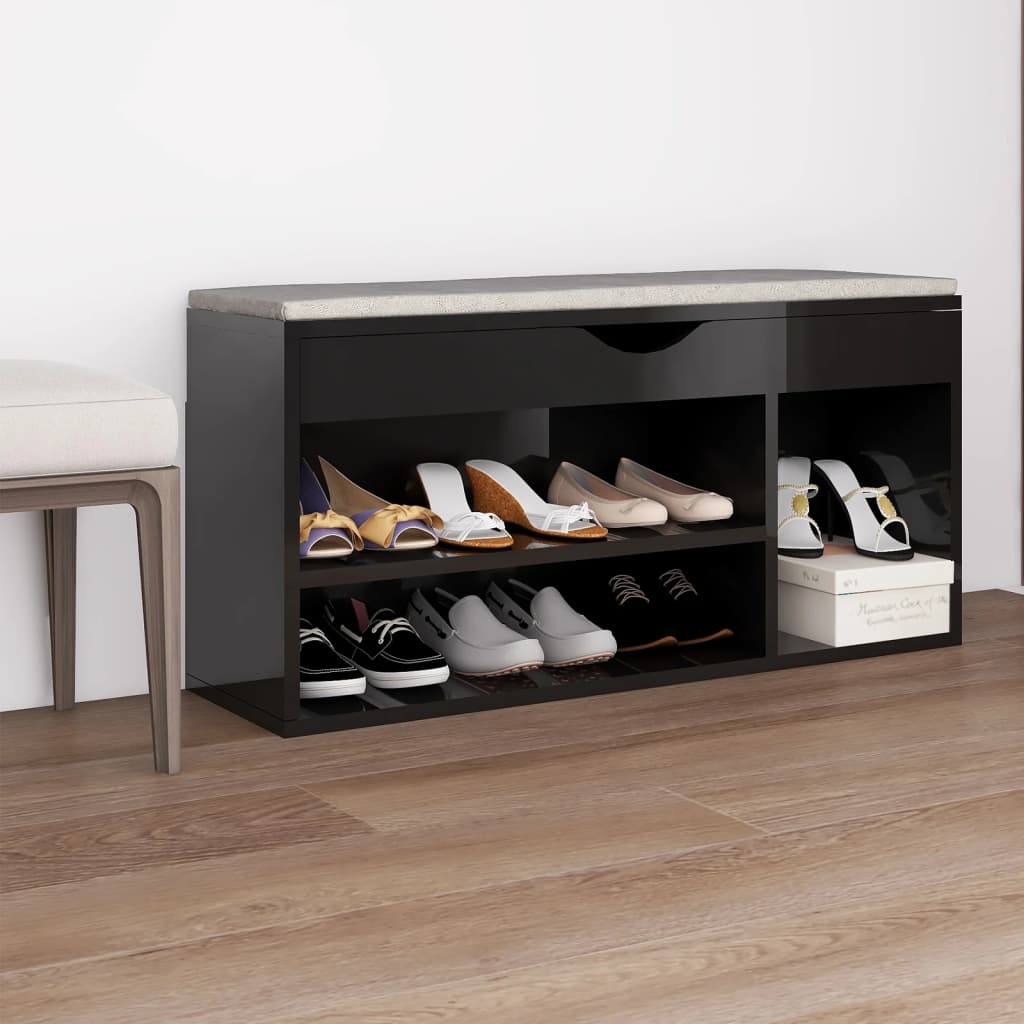 Banc à chaussures coussin Noir brillant 104x30x49 cm Aggloméré - XIOS