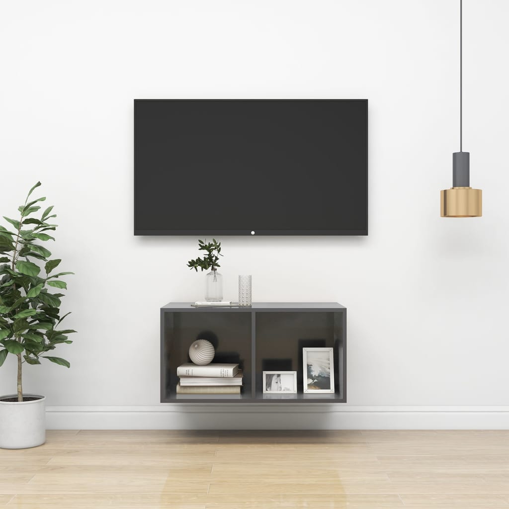 Meuble TV mural Gris brillant 37x37x72 cm Bois d’ingénierie - XIOS