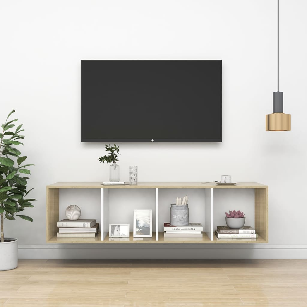 Meuble TV mural Blanc et chêne sonoma Bois d’ingénierie Meubles TV vidaXL   