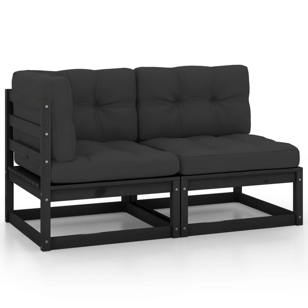 Salon de jardin 2 pcs avec coussins Noir Bois de pin massif Éléments pour canapés modulables de jardin vidaXL