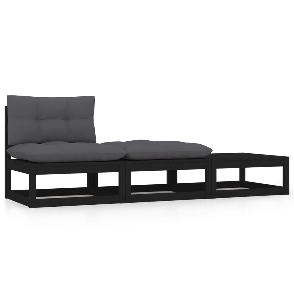 Salon de jardin 3 pcs avec coussins Noir Bois de pin massif Éléments pour canapés modulables de jardin vidaXL