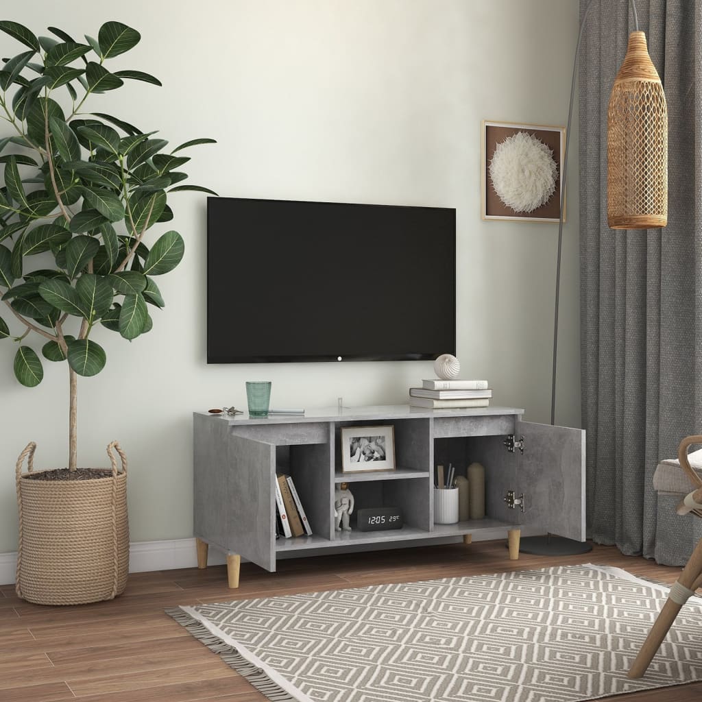 Meuble TV avec pieds en bois massif Gris béton 103,5x35x50 cm - XIOS