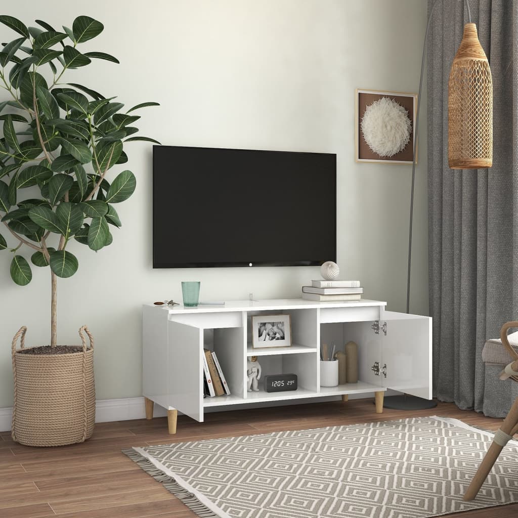 Meuble TV avec pieds en bois Blanc brillant 103,5x35x50 cm - XIOS