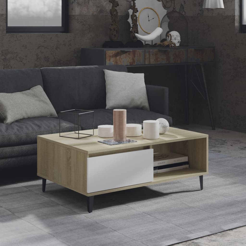 Table basse blanc et chêne sonoma 90x60x35 cm bois d'ingénierie - XIOS