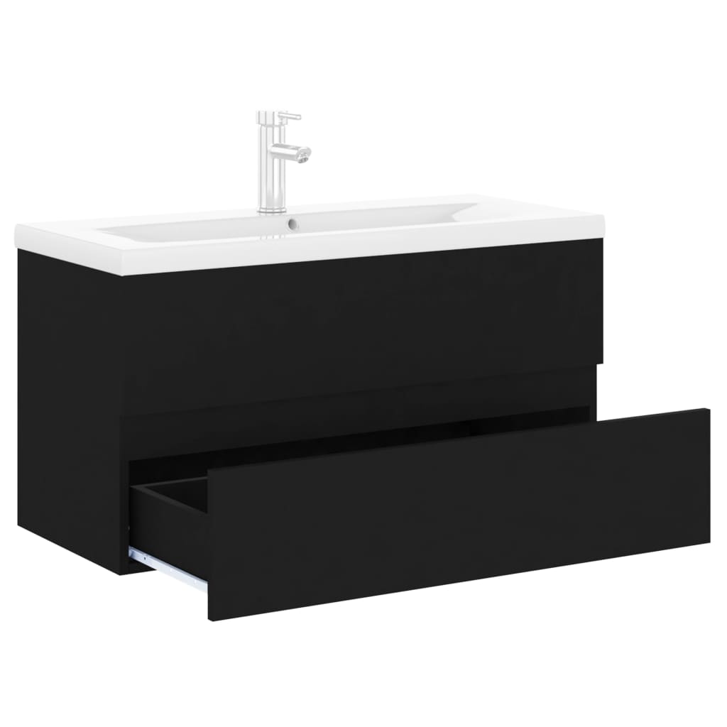 Armoire d'évier avec lavabo intégré noir bois d'ingénierie - XIOS