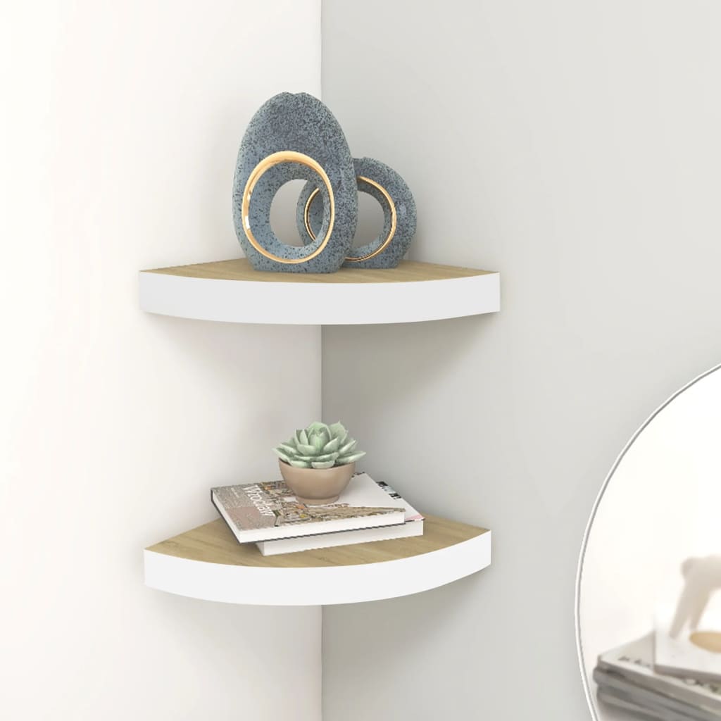 Étagères d'angle murales 2 pcs Chêne et blanc 25x25x3,8 cm MDF - XIOS