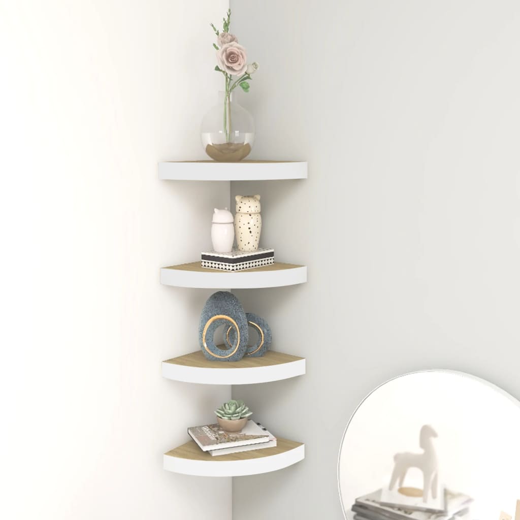 Étagères d'angle murales 4 pcs Chêne et blanc 25x25x3,8 cm MDF - XIOS
