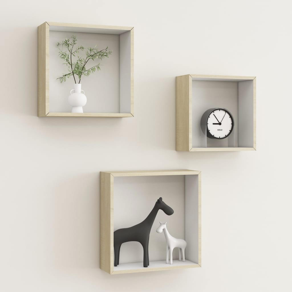 Étagères murales sous forme de cube 3 pcs Blanc et chêne sonoma - XIOS