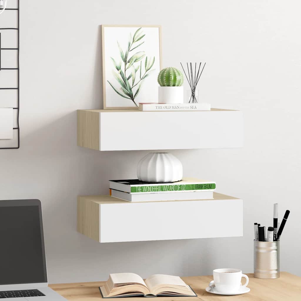 Étagères à tiroir murales 2 pcs Chêne et blanc 40x23,5x10cm MDF - XIOS