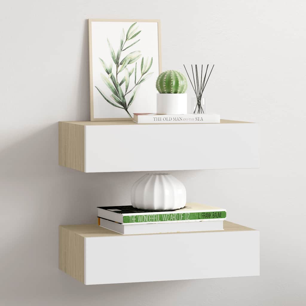Étagères à tiroir murales 2 pcs Chêne et blanc 40x23,5x10cm MDF - XIOS