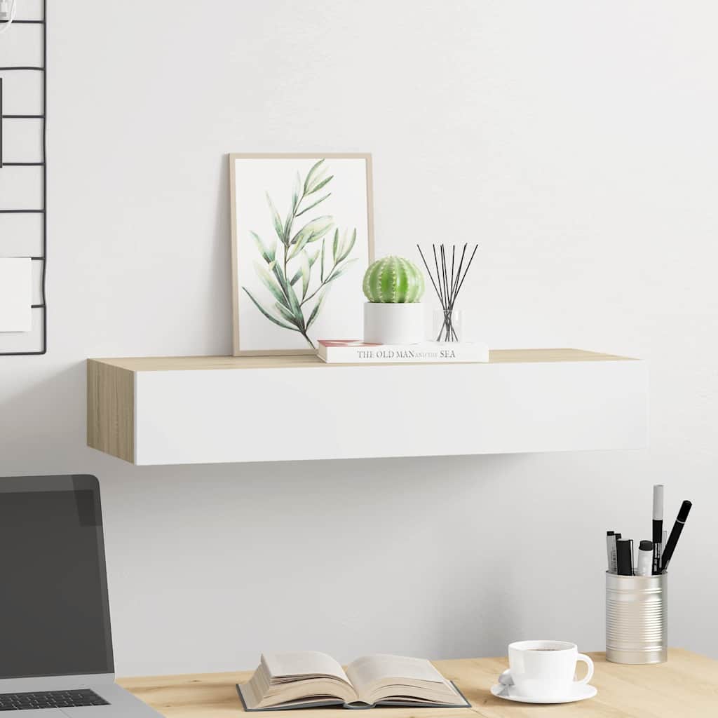 Étagère à tiroir murale chêne et blanc 60x23,5x10 cm MDF - XIOS