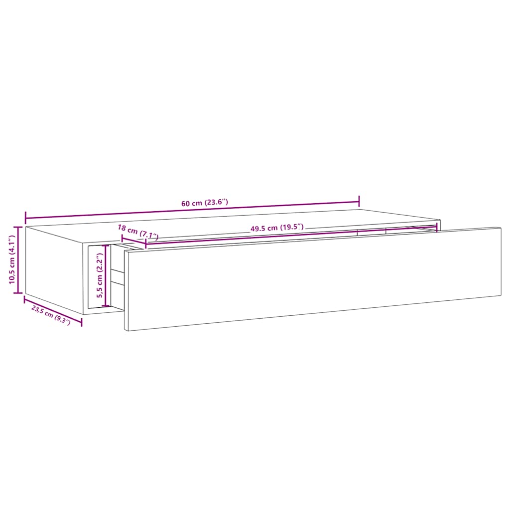 Étagère à tiroir murale chêne et blanc 60x23,5x10 cm MDF - XIOS