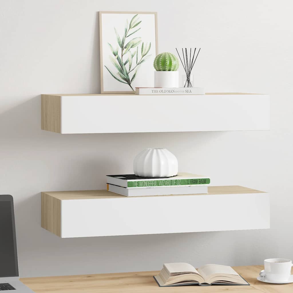 Étagères à tiroir murales 2 pcs Chêne et blanc 60x23,5x10cm MDF - XIOS