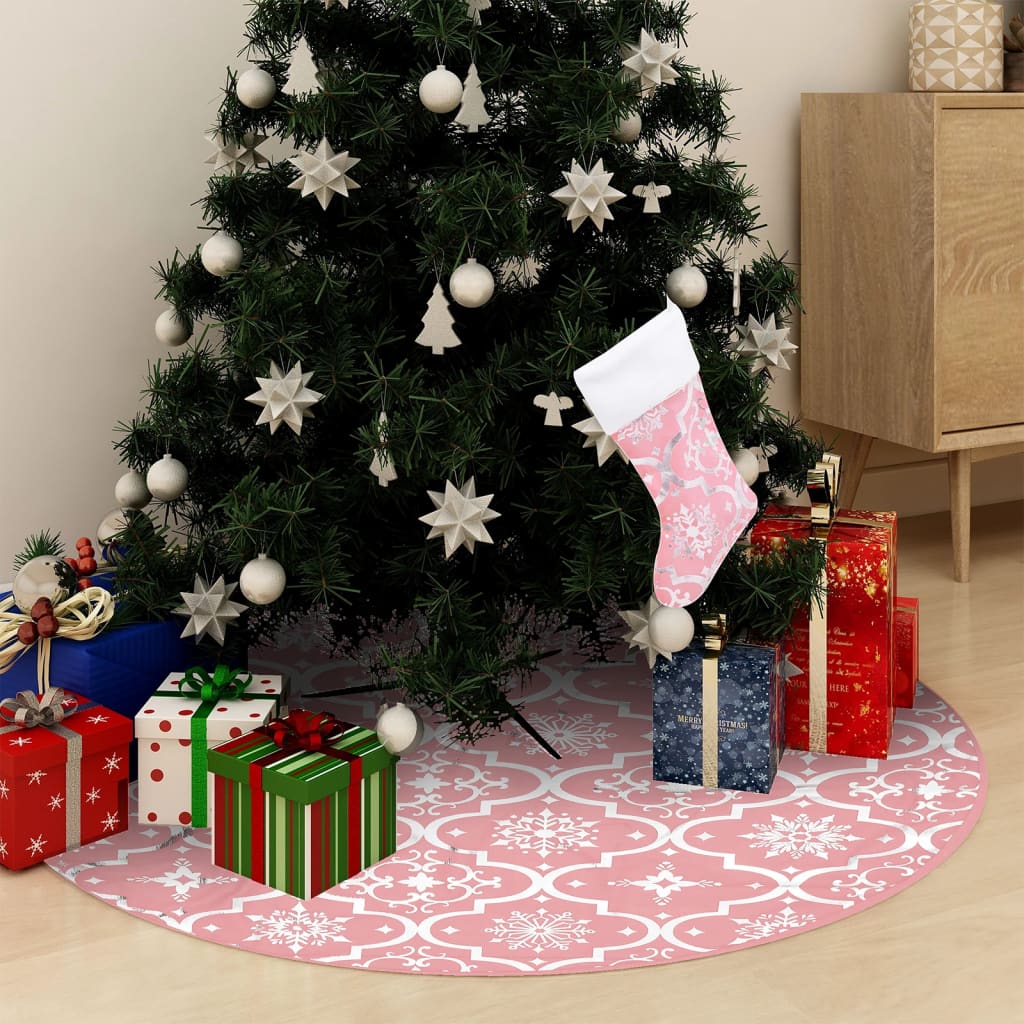 Jupe de sapin de Noël de luxe avec chaussette Rose 90 cm Tissu