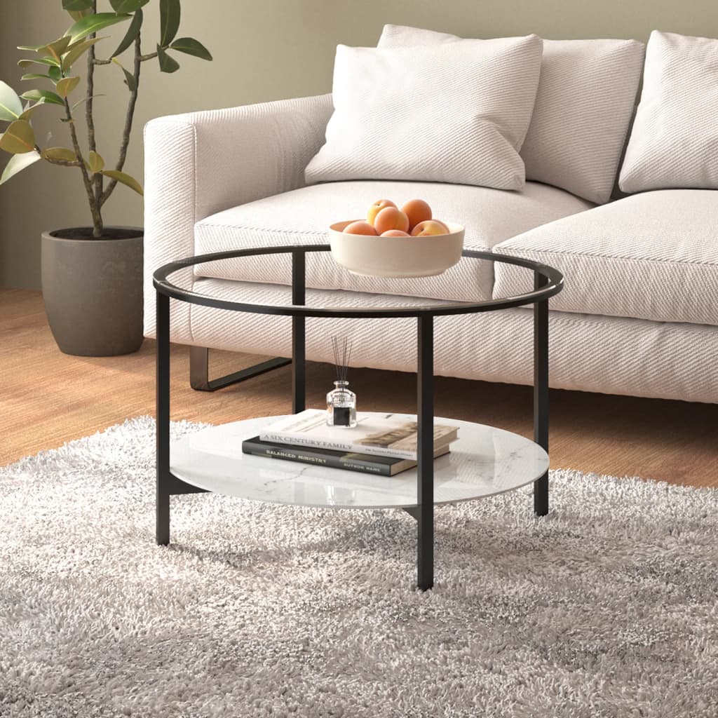 Table à thé Noir et marbre blanc 70 cm Verre trempé Tables d'appoint vidaXL