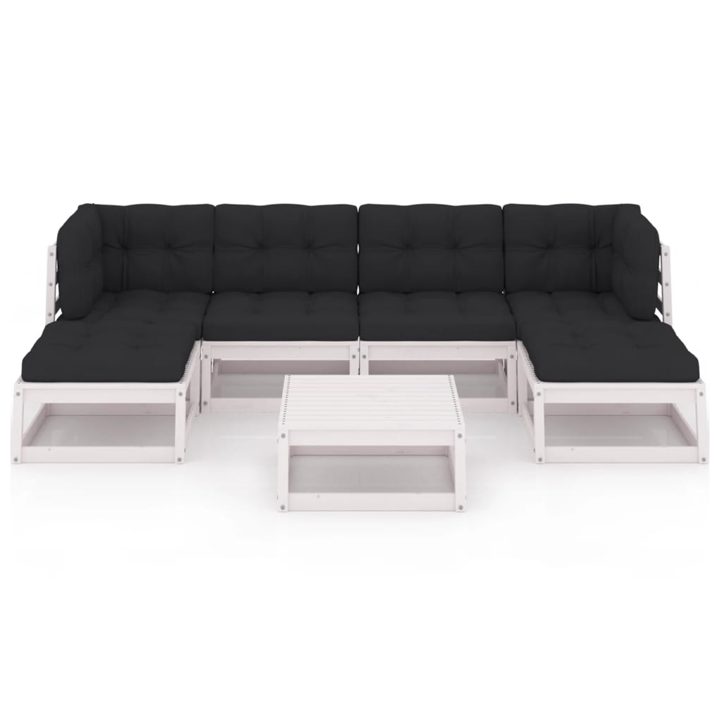 Salon de jardin 7 pcs avec coussins blanc bois de pin massif