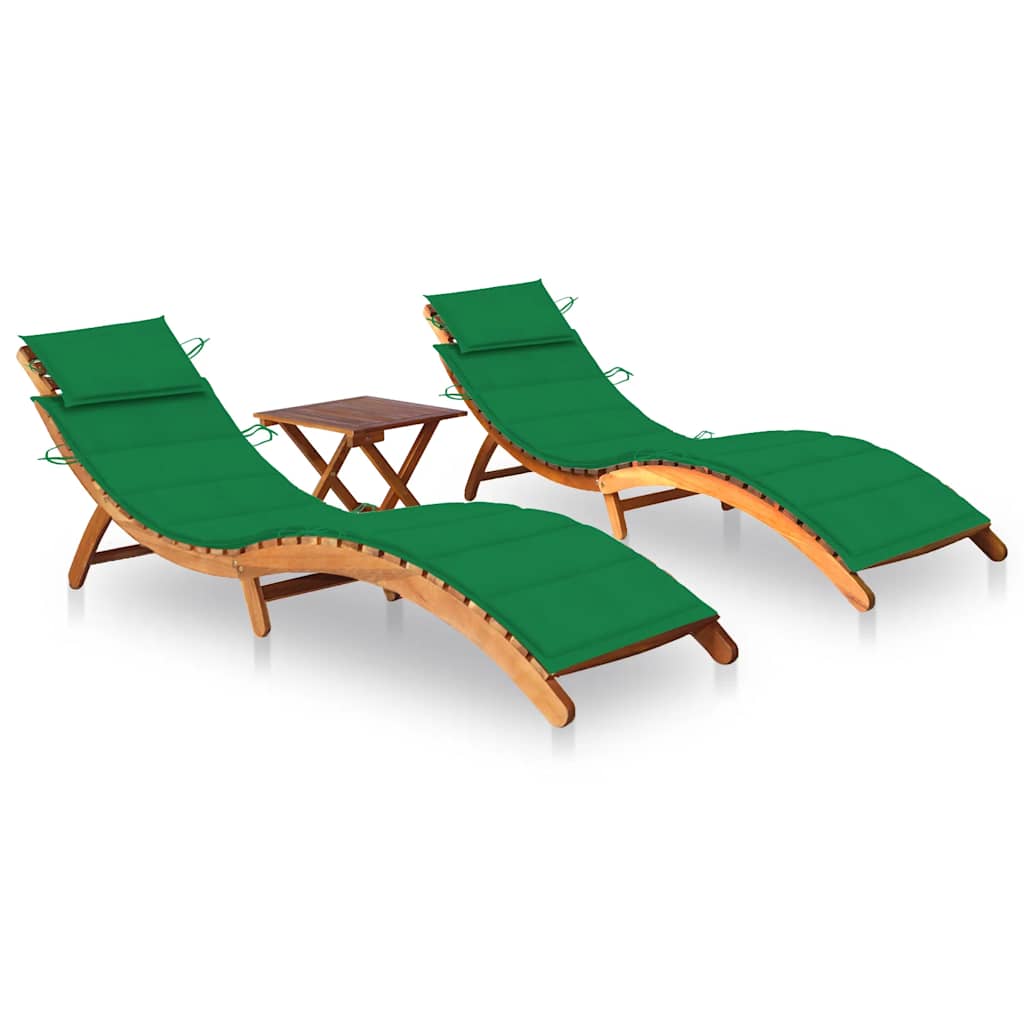 Chaises longues lot de 2 avec table et coussins Acacia solide Bains de soleil vidaXL