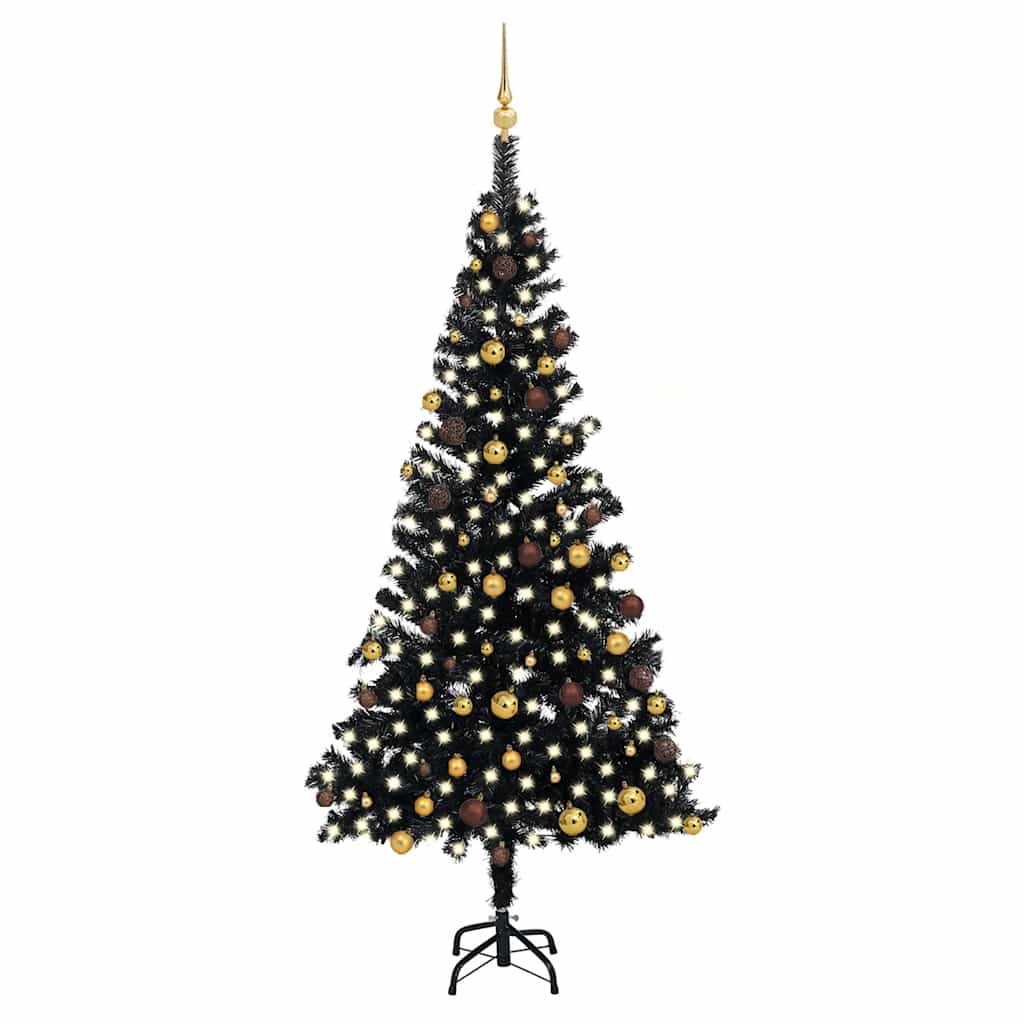 Arbre de Noël artificiel pré-éclairé et boules noir 210 cm PVC