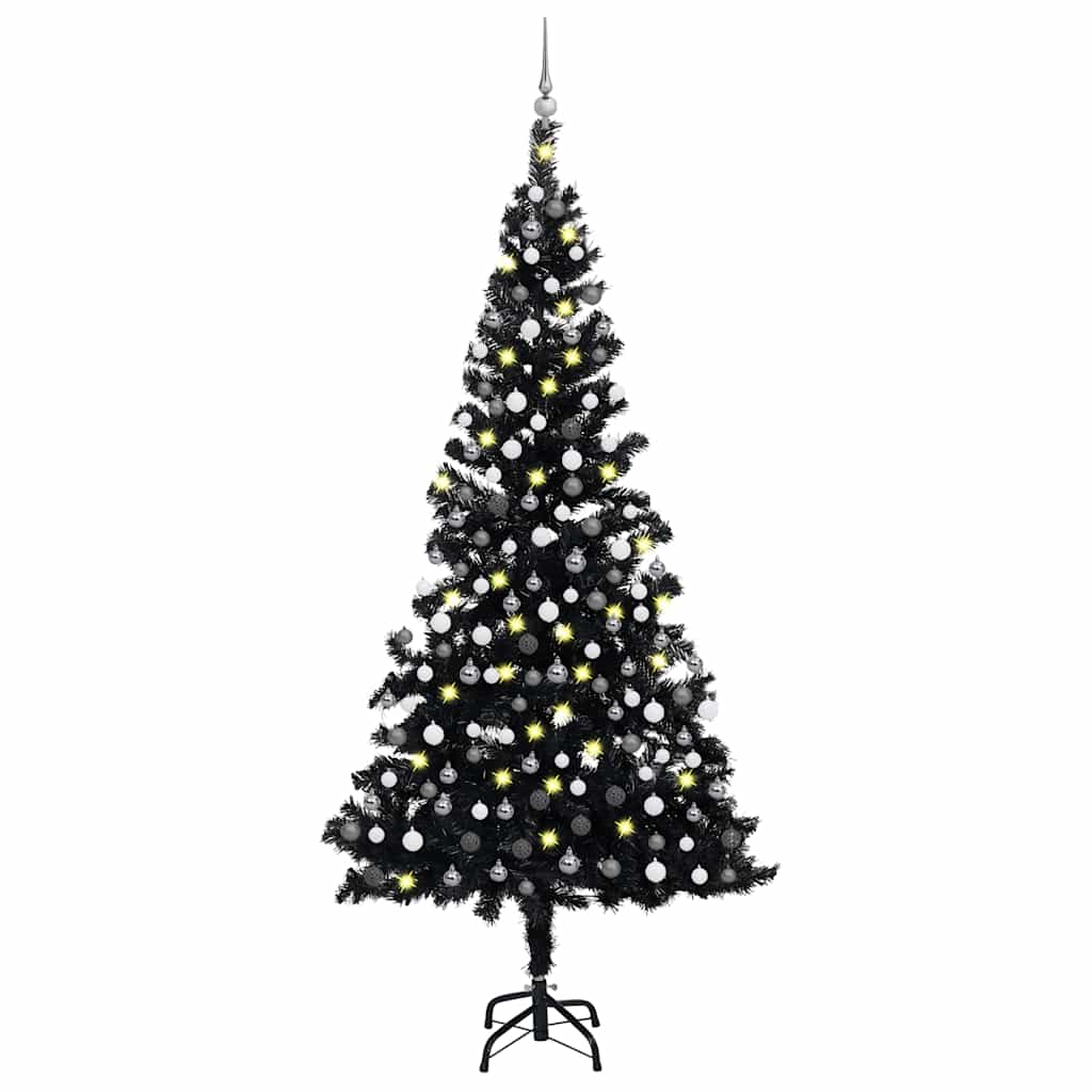 Arbre de Noël artificiel pré-éclairé et boules noir 210 cm PVC