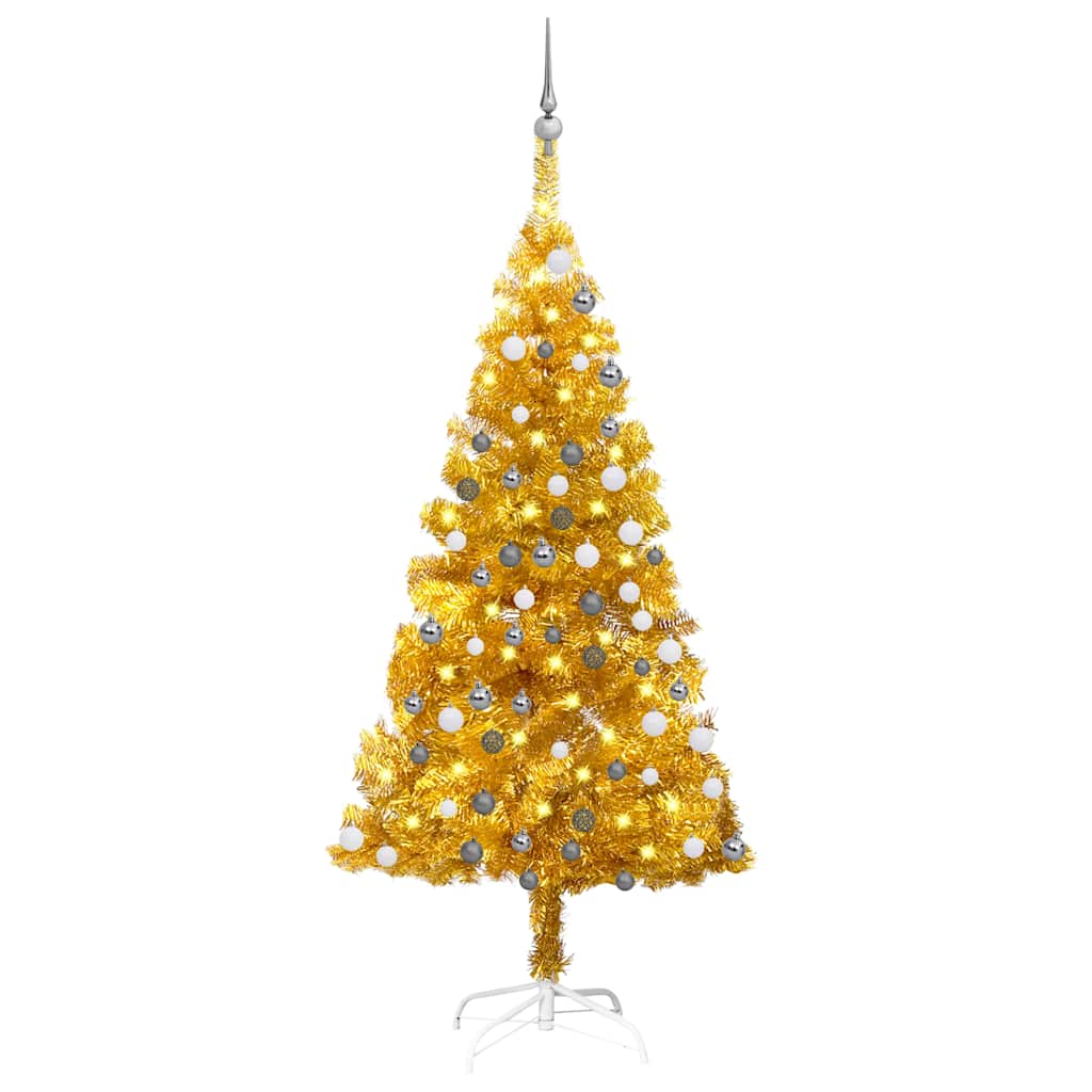 Arbre de Noël artificiel pré-éclairé et boules doré 150 cm PET - XIOS