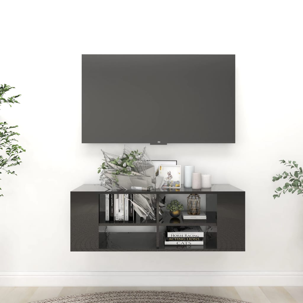 Meuble TV mural Noir brillant 102x35x35 cm Bois d’ingénierie - XIOS